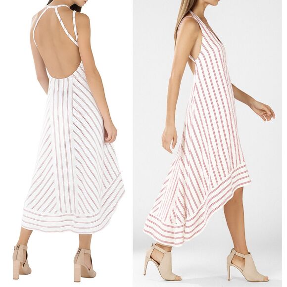 BCBGMAXAZRIA Chelsi Striped Open Back High Low Halter Midi Dress M - Picture 1 of 7